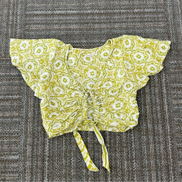 ANTHROPOLOGIE Pilcro | Flutter Sleeve Crop Top Green Motif Linen Blend - Picture 4 of 8